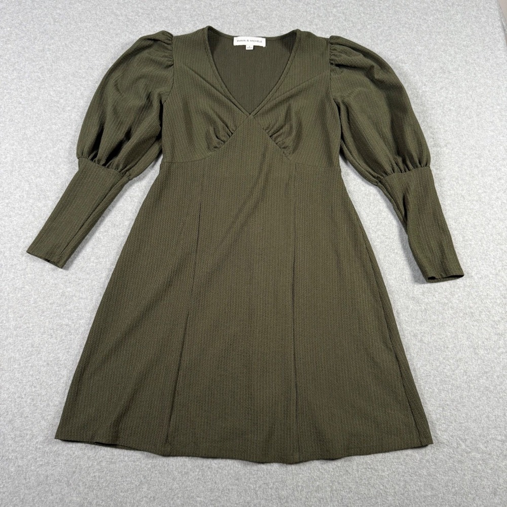 Emma & Michele Olive Green Romantic Puff Sleeve V-Neck Mini Dress Womens Small